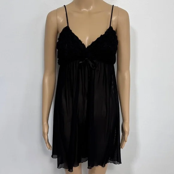 Vintage Y2K La Vie En Rose Rosette & Black Mesh Sheer Babydoll Teddy Size M - Picture 5 of 9